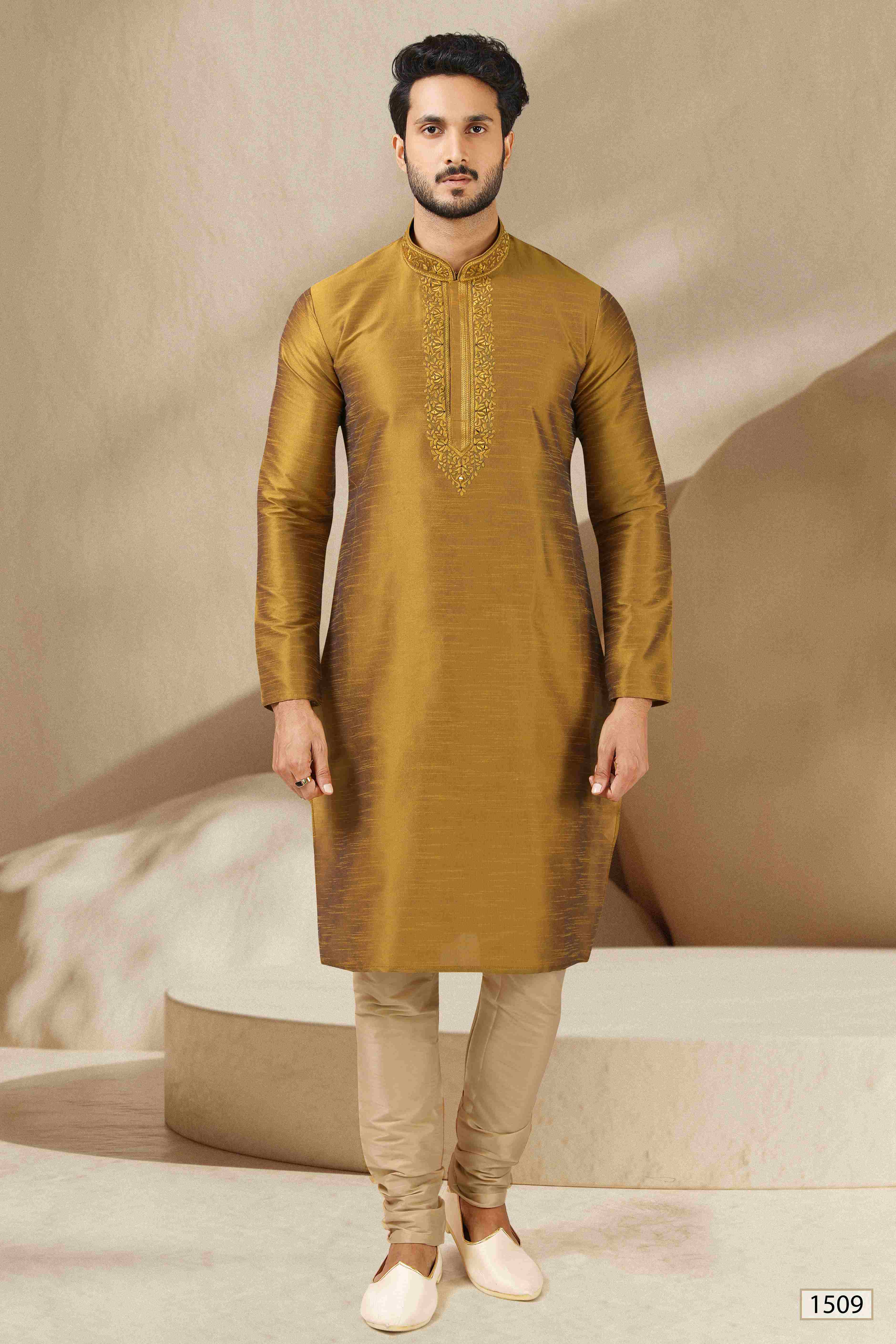 Raivat Ethnic Banarasi Art Silk Mirror Work Kurta Pajama In Gold Colour - Distacart