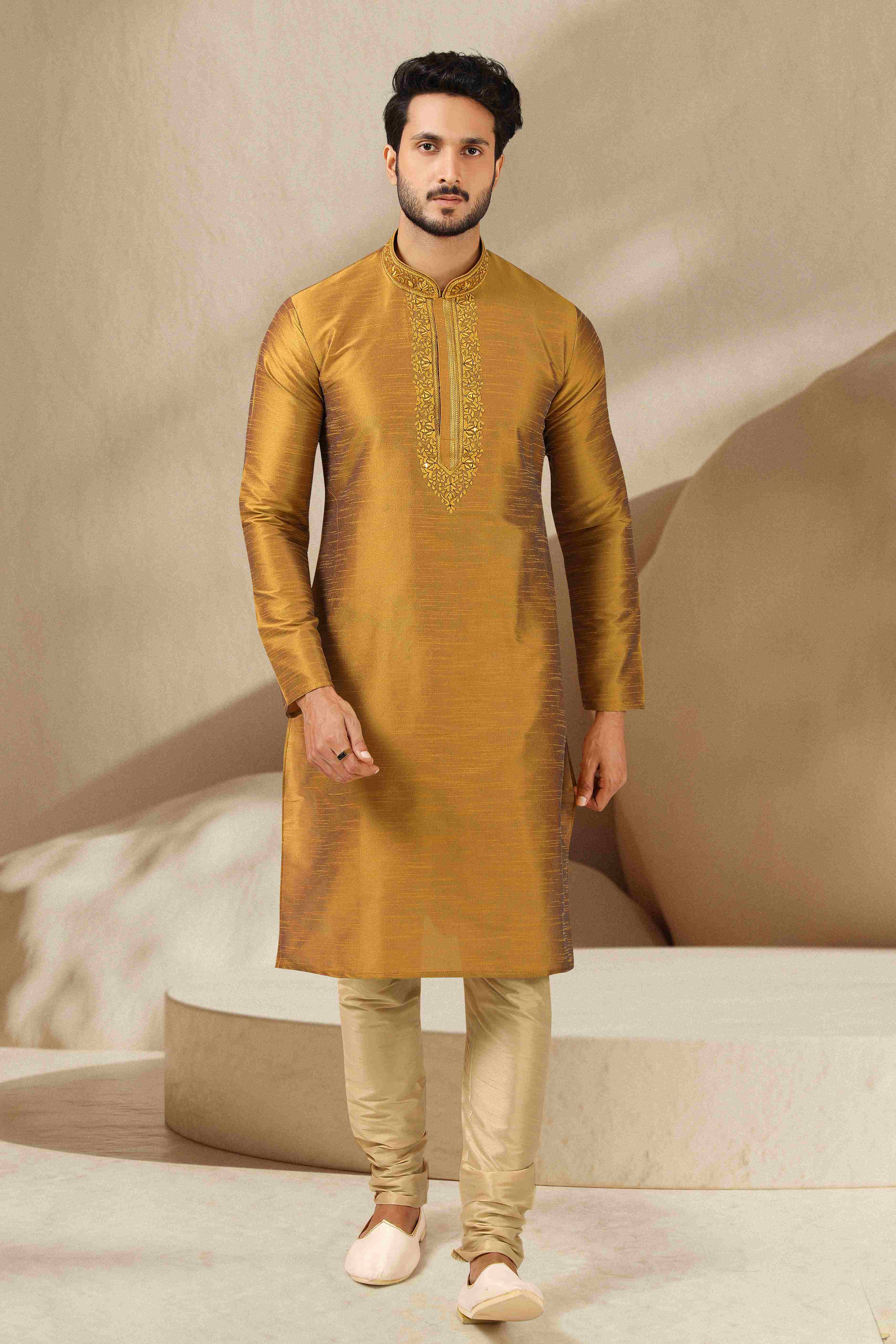 Raivat Ethnic Banarasi Art Silk Mirror Work Kurta Pajama In Gold Colour - Distacart