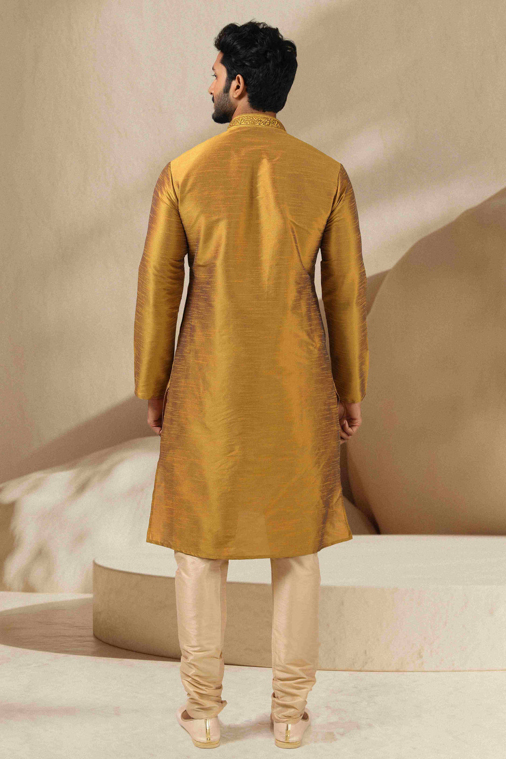 Raivat Ethnic Banarasi Art Silk Mirror Work Kurta Pajama In Gold Colour - Distacart