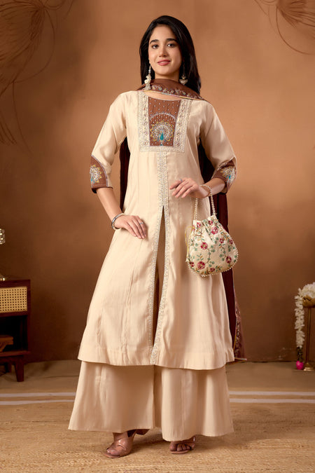 Lorenvalley Fashion Cream Roman Silk Multi Embroidery Thread With Beautiful Hand Work Kurta Palazzo Dupatta