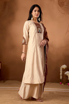 Lorenvalley Fashion Cream Roman Silk Multi Embroidery Thread With Beautiful Hand Work Kurta Palazzo Dupatta - Distacart