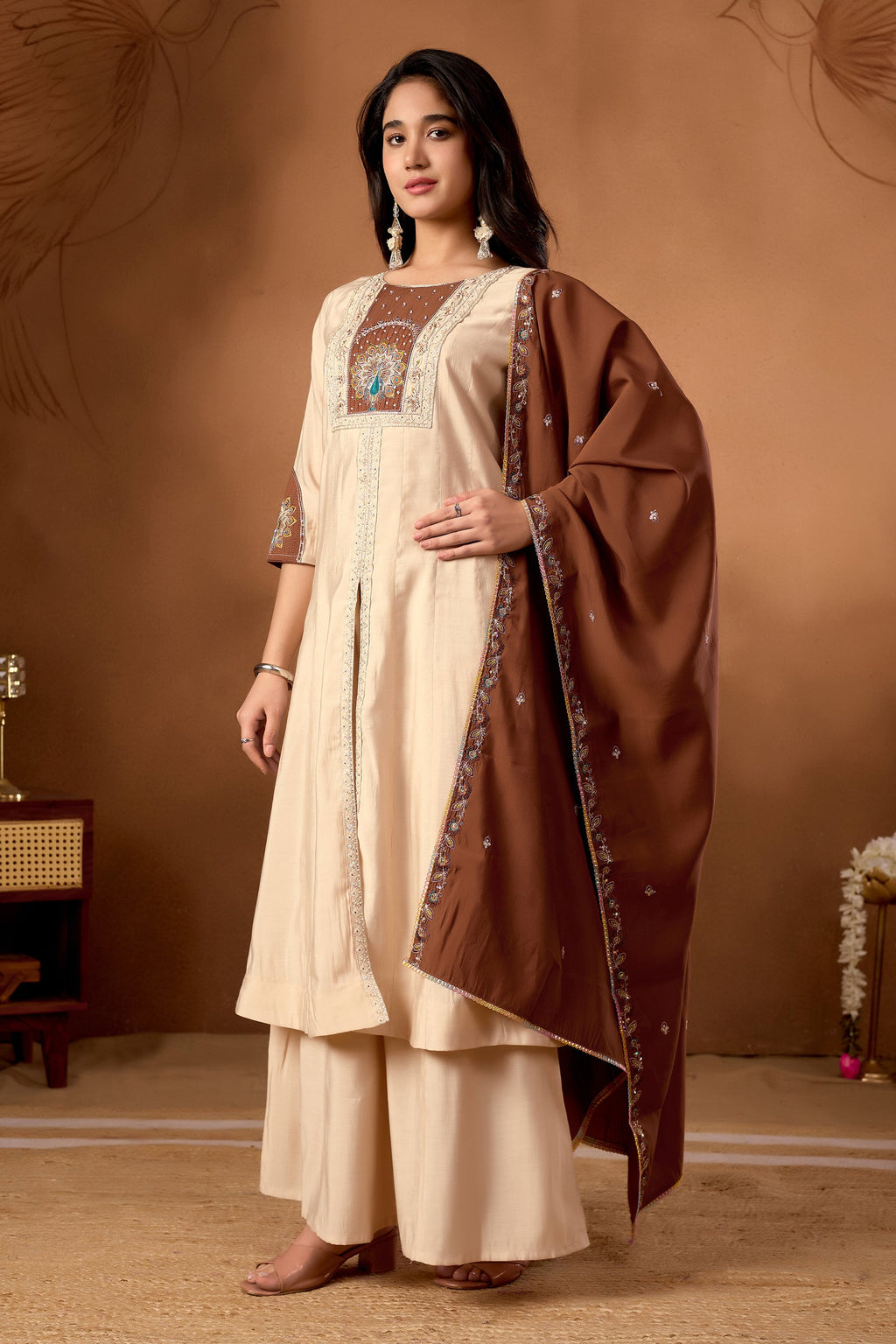 Lorenvalley Fashion Cream Roman Silk Multi Embroidery Thread With Beautiful Hand Work Kurta Palazzo Dupatta - Distacart