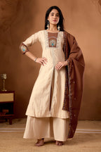 Lorenvalley Fashion Cream Roman Silk Multi Embroidery Thread With Beautiful Hand Work Kurta Palazzo Dupatta - Distacart