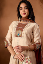 Lorenvalley Fashion Cream Roman Silk Multi Embroidery Thread With Beautiful Hand Work Kurta Palazzo Dupatta - Distacart