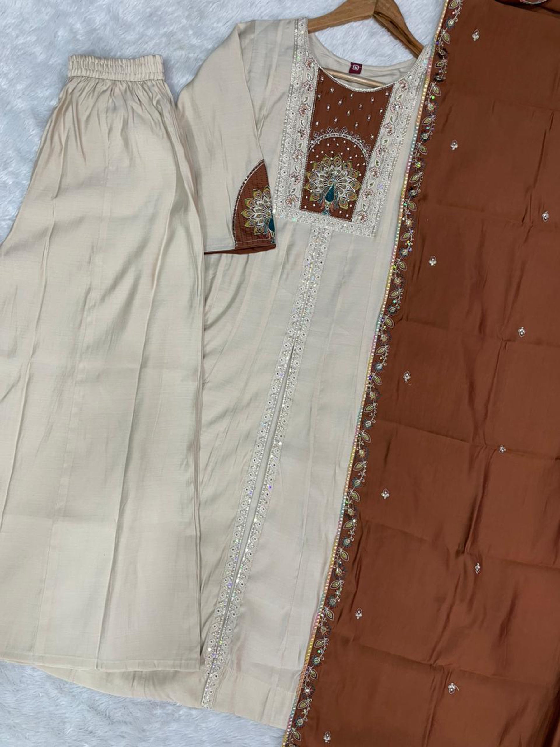 Lorenvalley Fashion Cream Roman Silk Multi Embroidery Thread With Beautiful Hand Work Kurta Palazzo Dupatta - Distacart