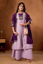 Lorenvalley Fashion Lavender Roman Silk Multi Embroidery Thread With Beautiful Hand Work Kurta Palazzo Dupatta - Distacart