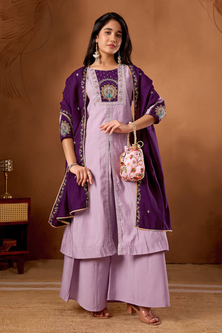Lorenvalley Fashion Lavender Roman Silk Multi Embroidery Thread With Beautiful Hand Work Kurta Palazzo Dupatta
