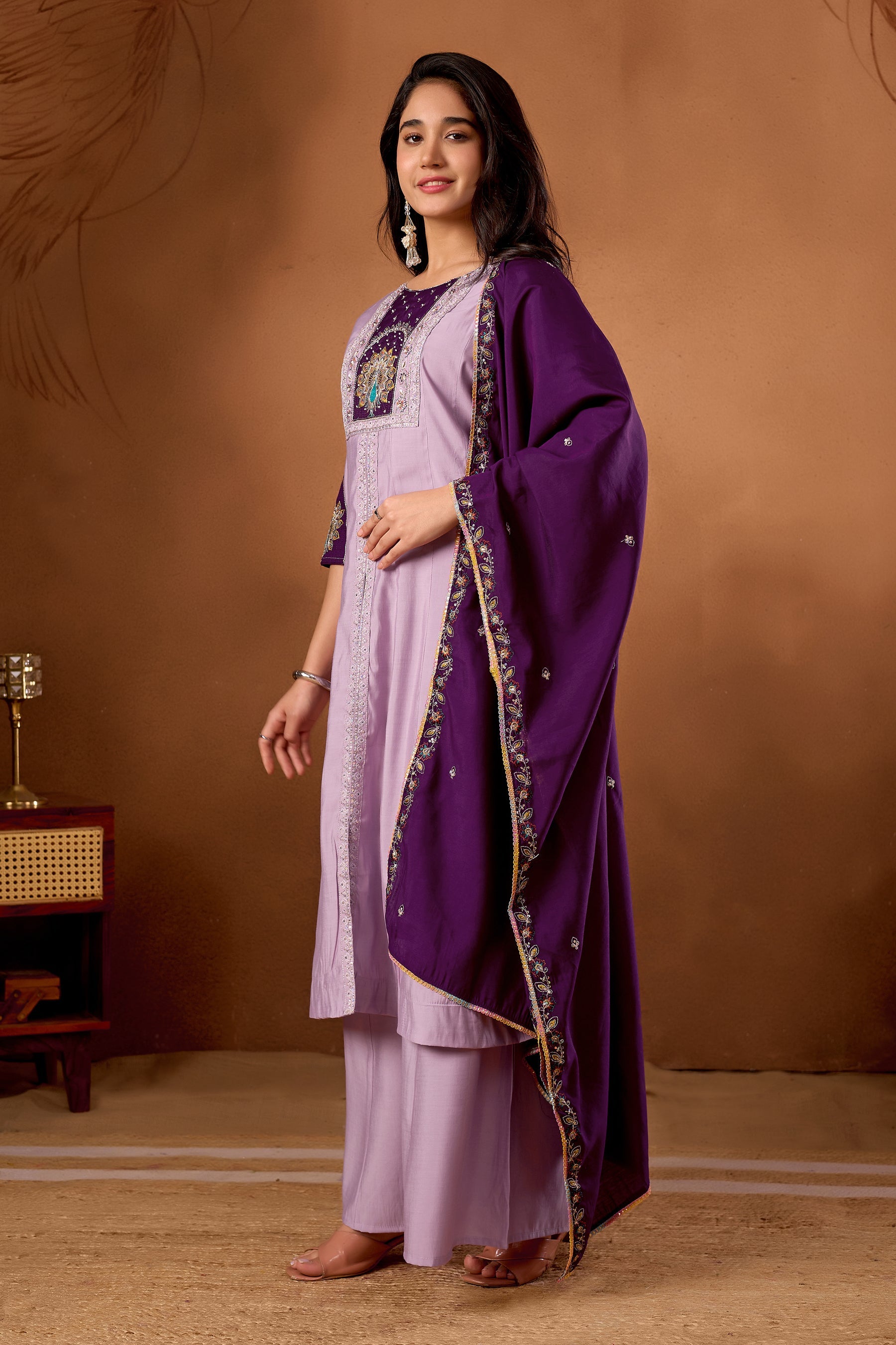 Lorenvalley Fashion Lavender Roman Silk Multi Embroidery Thread With Beautiful Hand Work Kurta Palazzo Dupatta - Distacart