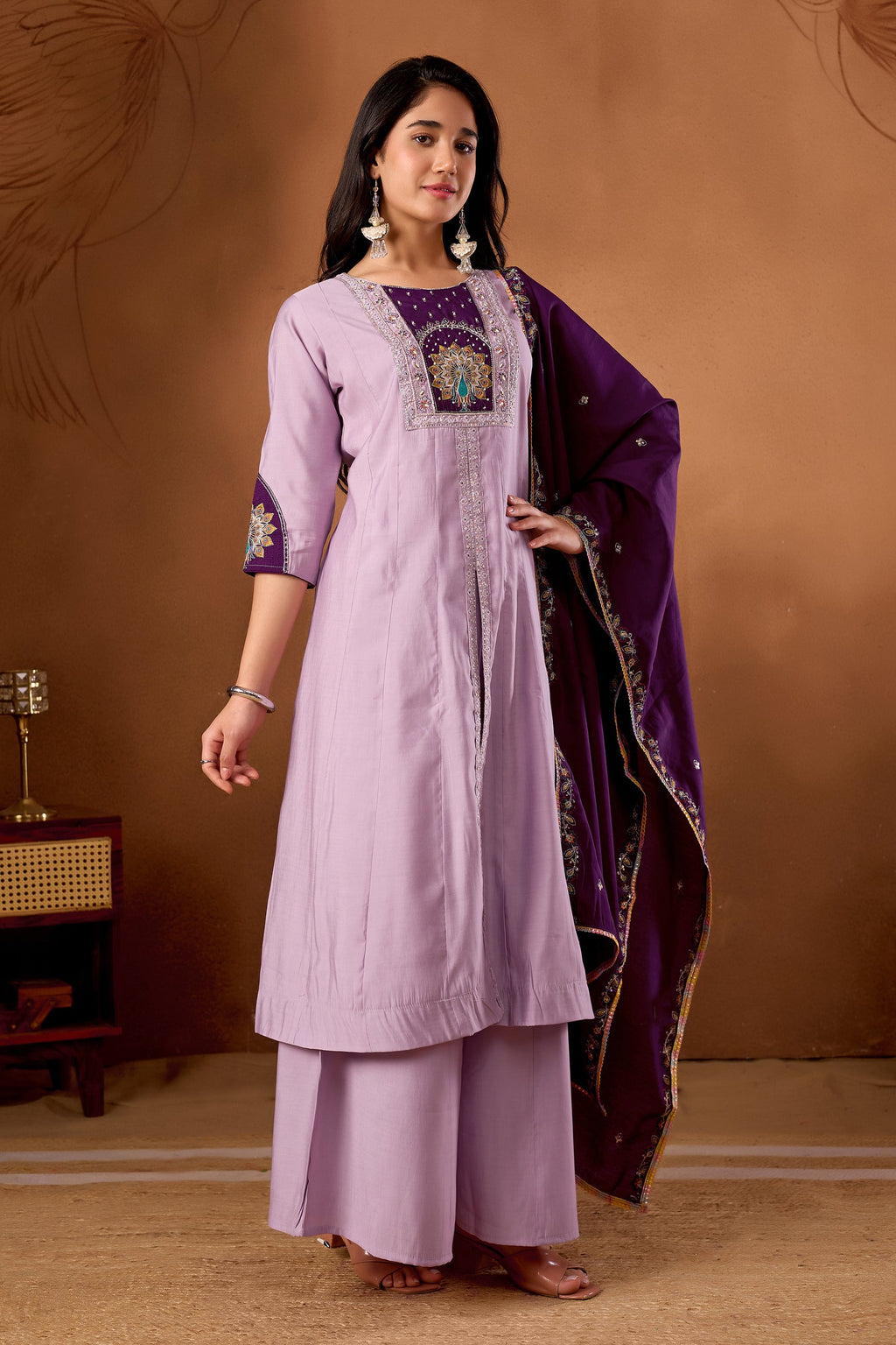 Lorenvalley Fashion Lavender Roman Silk Multi Embroidery Thread With Beautiful Hand Work Kurta Palazzo Dupatta - Distacart