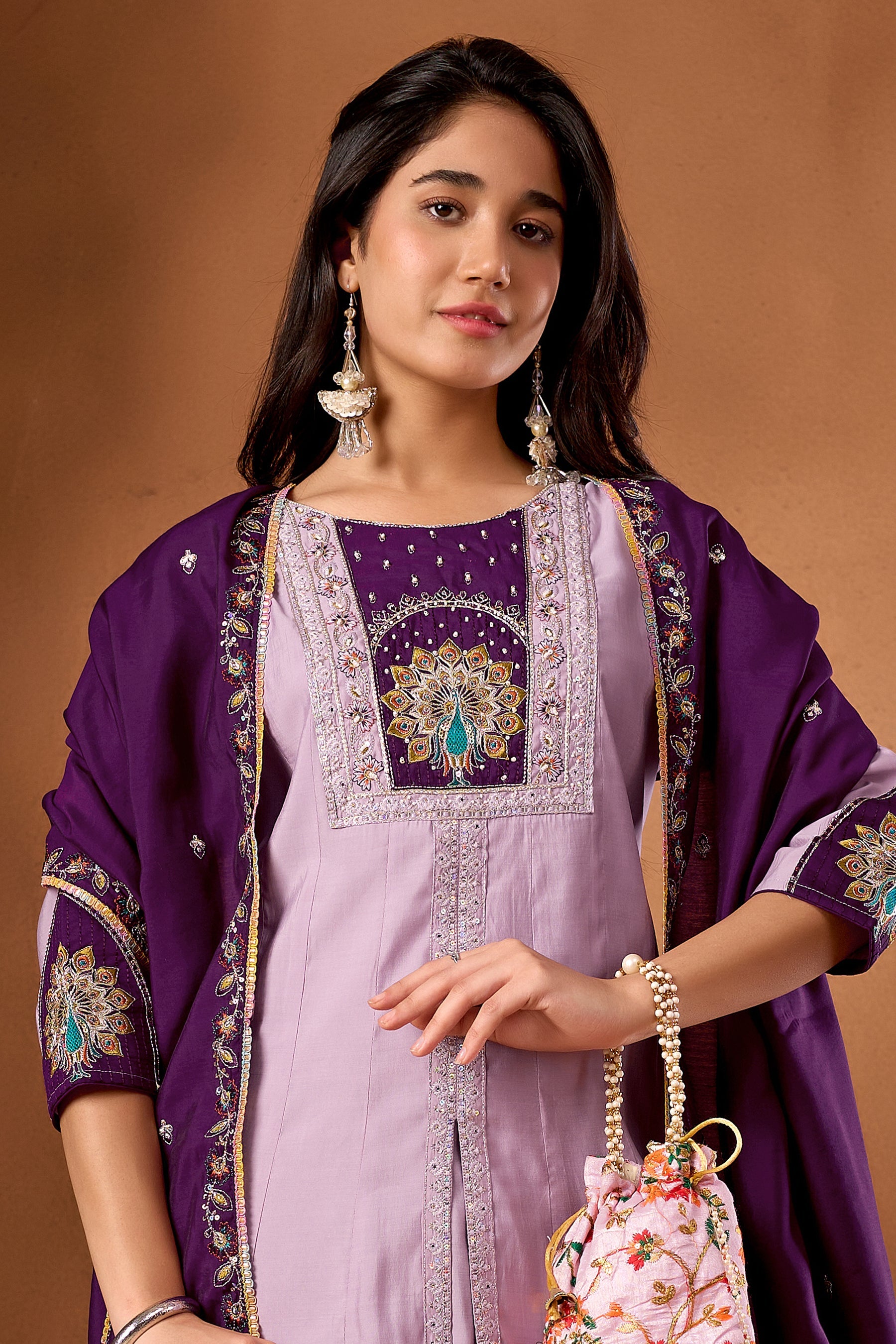 Lorenvalley Fashion Lavender Roman Silk Multi Embroidery Thread With Beautiful Hand Work Kurta Palazzo Dupatta - Distacart