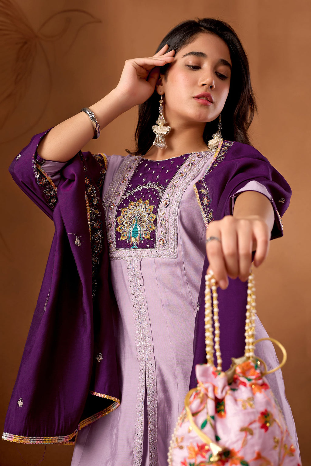 Lorenvalley Fashion Lavender Roman Silk Multi Embroidery Thread With Beautiful Hand Work Kurta Palazzo Dupatta - Distacart