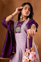 Lorenvalley Fashion Lavender Roman Silk Multi Embroidery Thread With Beautiful Hand Work Kurta Palazzo Dupatta - Distacart