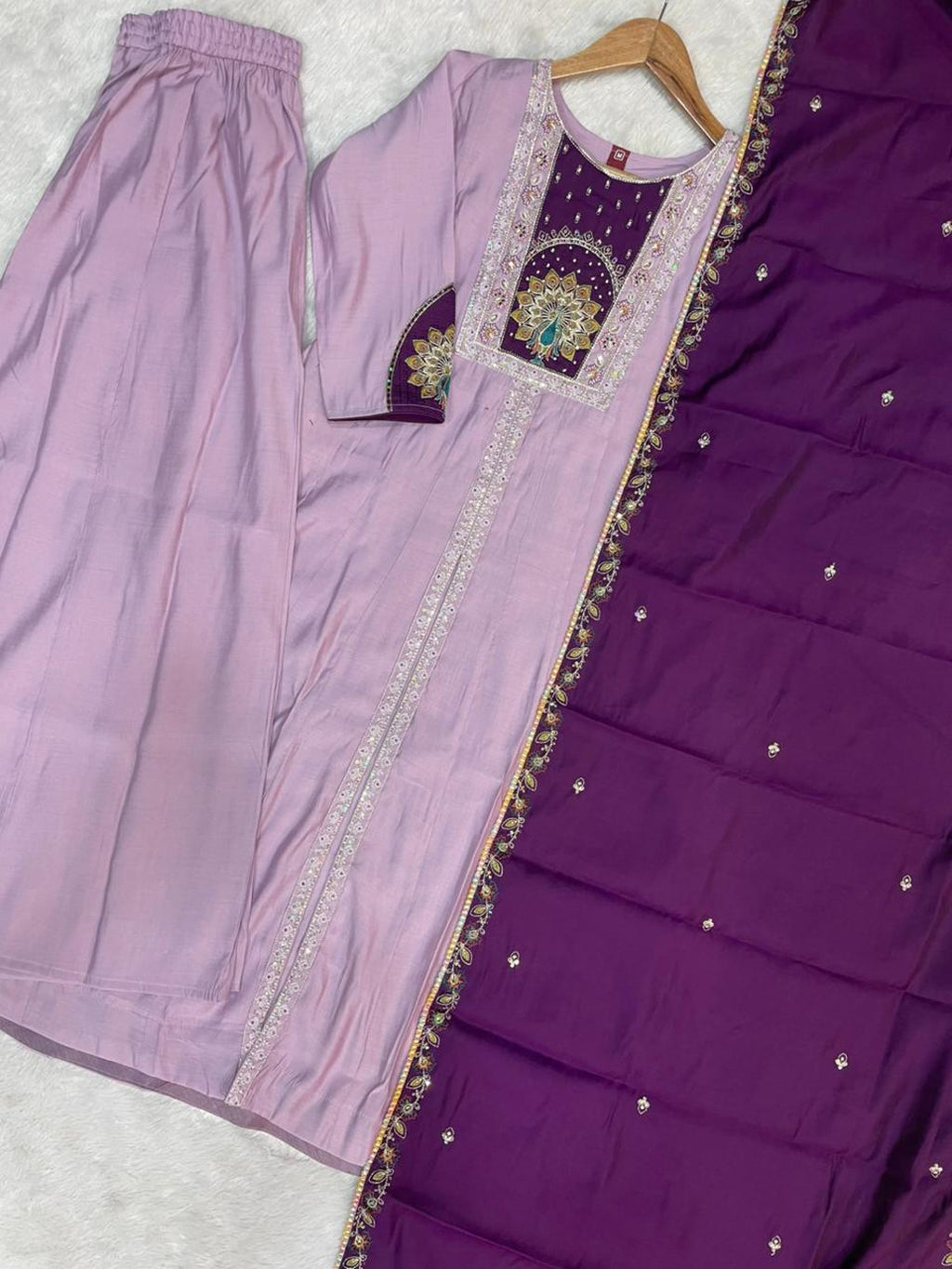 Lorenvalley Fashion Lavender Roman Silk Multi Embroidery Thread With Beautiful Hand Work Kurta Palazzo Dupatta - Distacart