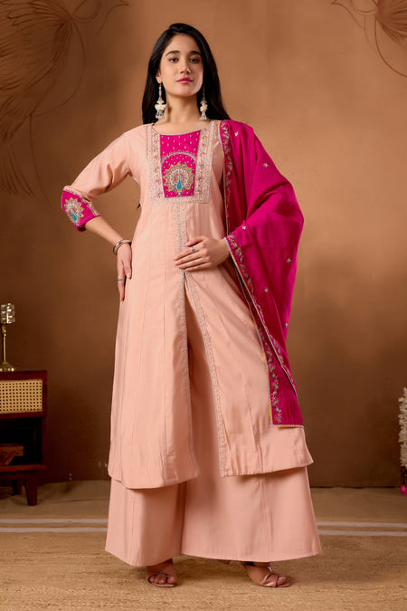 Lorenvalley Fashion Peach Roman Silk Multi Embroidery Thread With Beautiful Hand Work Kurta Palazzo Dupatta