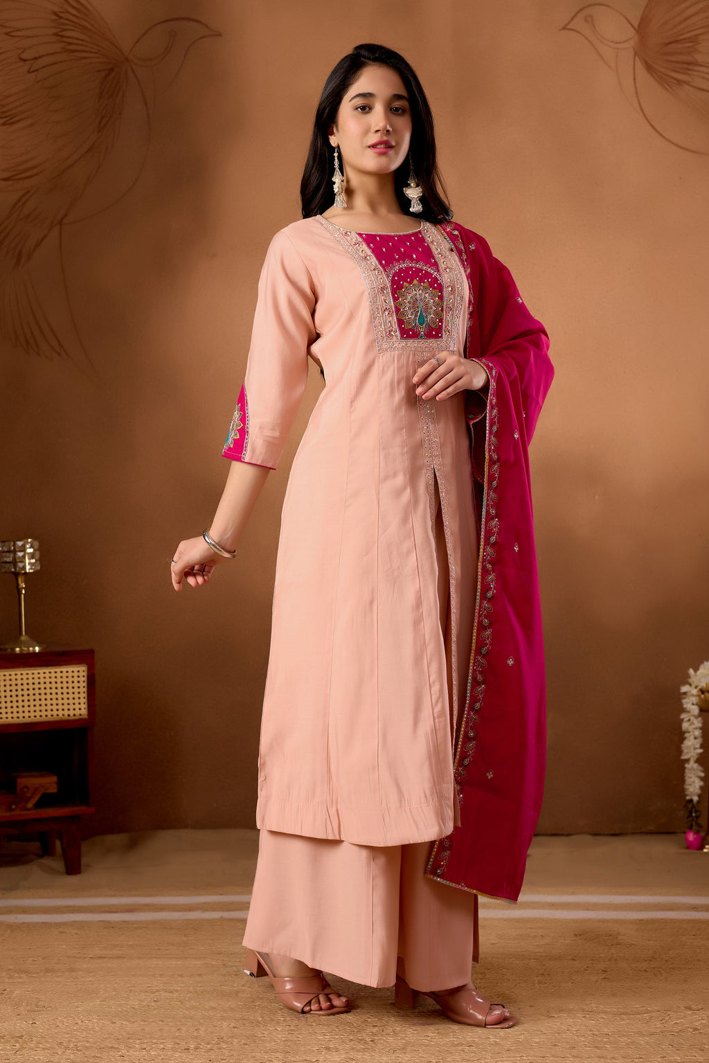 Lorenvalley Fashion Peach Roman Silk Multi Embroidery Thread With Beautiful Hand Work Kurta Palazzo Dupatta - Distacart