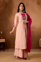 Lorenvalley Fashion Peach Roman Silk Multi Embroidery Thread With Beautiful Hand Work Kurta Palazzo Dupatta - Distacart