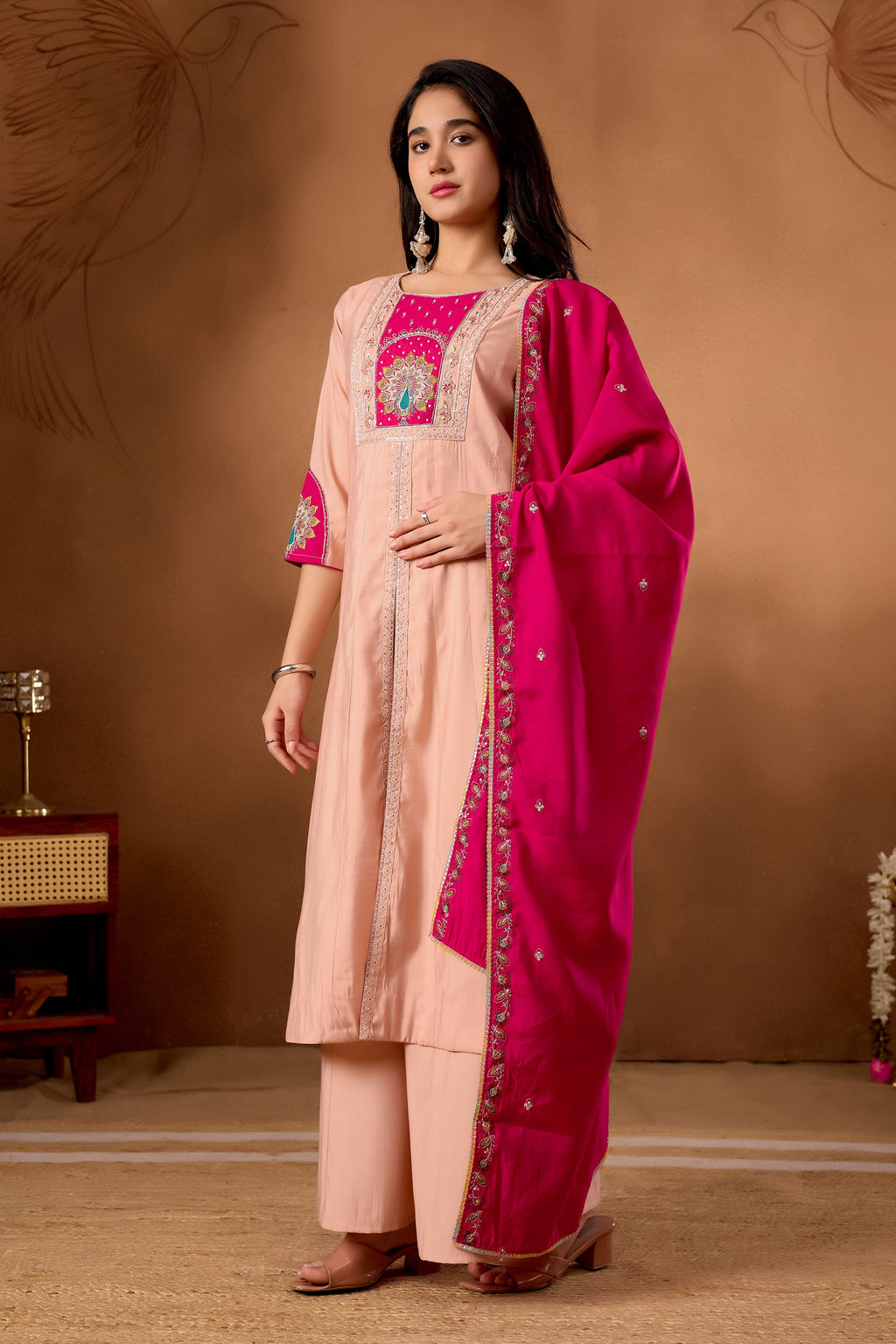 Lorenvalley Fashion Peach Roman Silk Multi Embroidery Thread With Beautiful Hand Work Kurta Palazzo Dupatta - Distacart