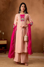 Lorenvalley Fashion Peach Roman Silk Multi Embroidery Thread With Beautiful Hand Work Kurta Palazzo Dupatta - Distacart