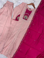 Lorenvalley Fashion Peach Roman Silk Multi Embroidery Thread With Beautiful Hand Work Kurta Palazzo Dupatta - Distacart
