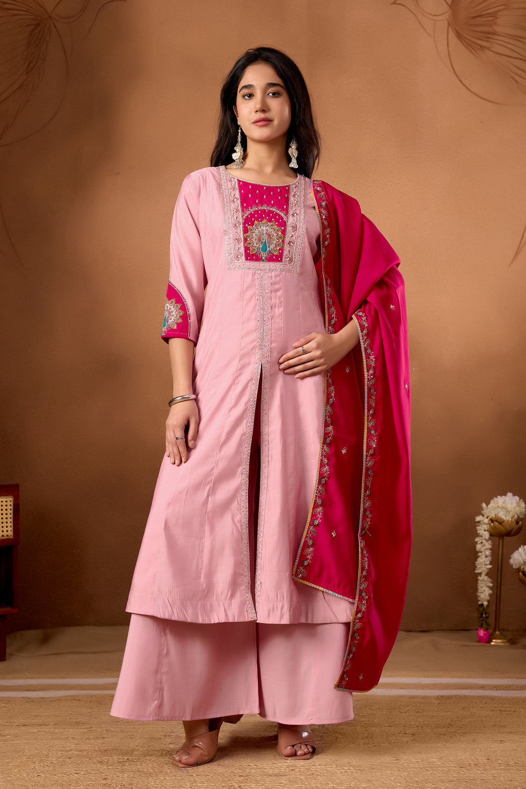 Lorenvalley Fashion Pink Roman Silk Multi Embroidery Thread With Beautiful Hand Work Kurta Palazzo Dupatta - Distacart
