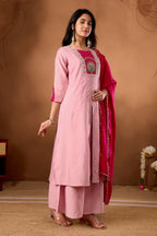 Lorenvalley Fashion Pink Roman Silk Multi Embroidery Thread With Beautiful Hand Work Kurta Palazzo Dupatta - Distacart