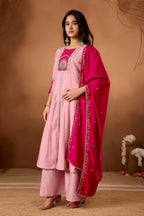 Lorenvalley Fashion Pink Roman Silk Multi Embroidery Thread With Beautiful Hand Work Kurta Palazzo Dupatta - Distacart