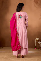 Lorenvalley Fashion Pink Roman Silk Multi Embroidery Thread With Beautiful Hand Work Kurta Palazzo Dupatta - Distacart