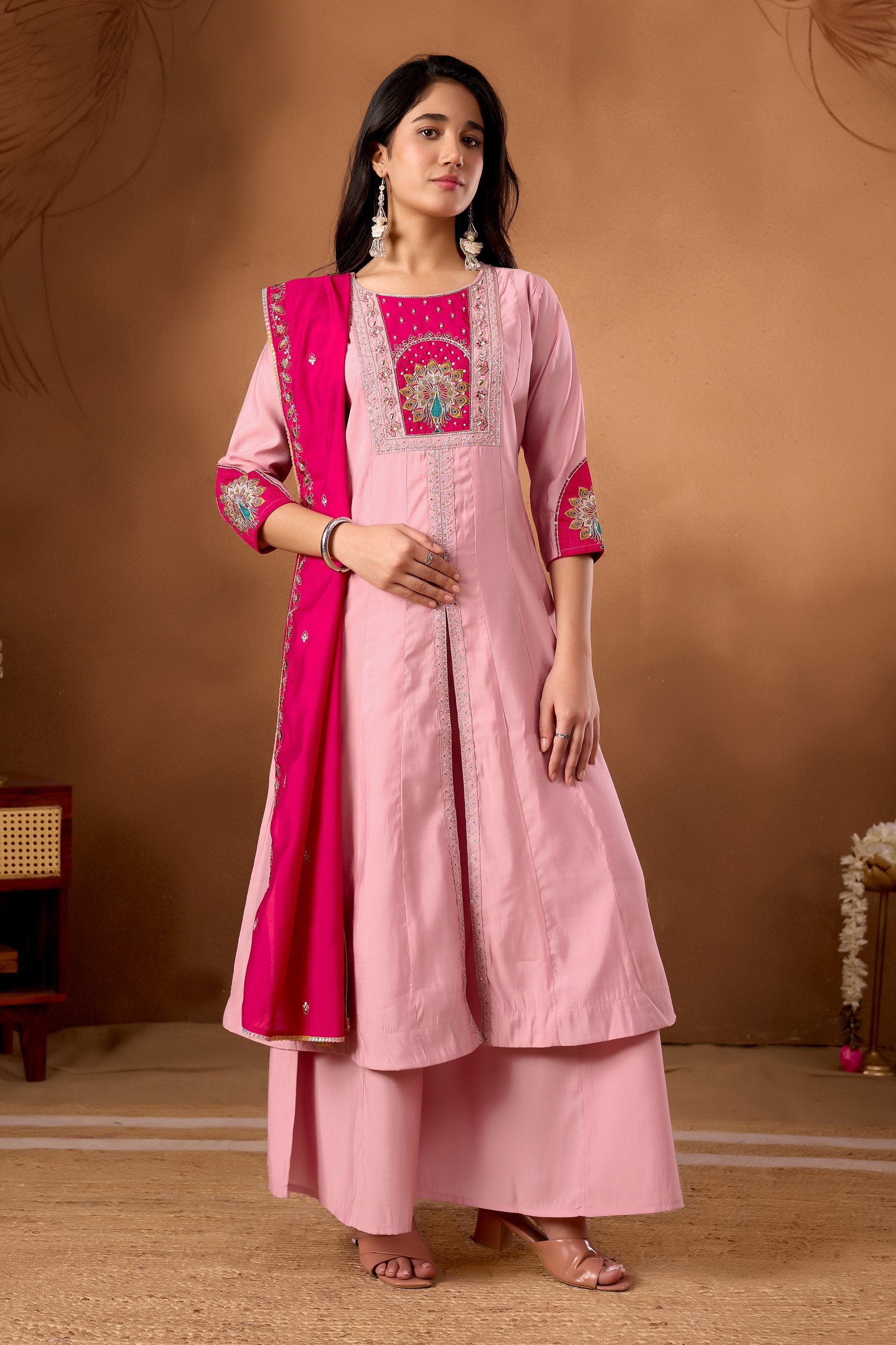 Lorenvalley Fashion Pink Roman Silk Multi Embroidery Thread With Beautiful Hand Work Kurta Palazzo Dupatta - Distacart