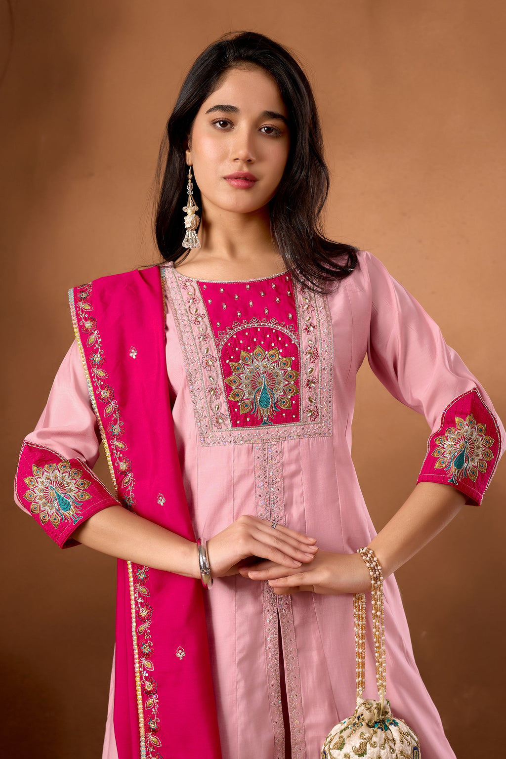 Lorenvalley Fashion Pink Roman Silk Multi Embroidery Thread With Beautiful Hand Work Kurta Palazzo Dupatta - Distacart