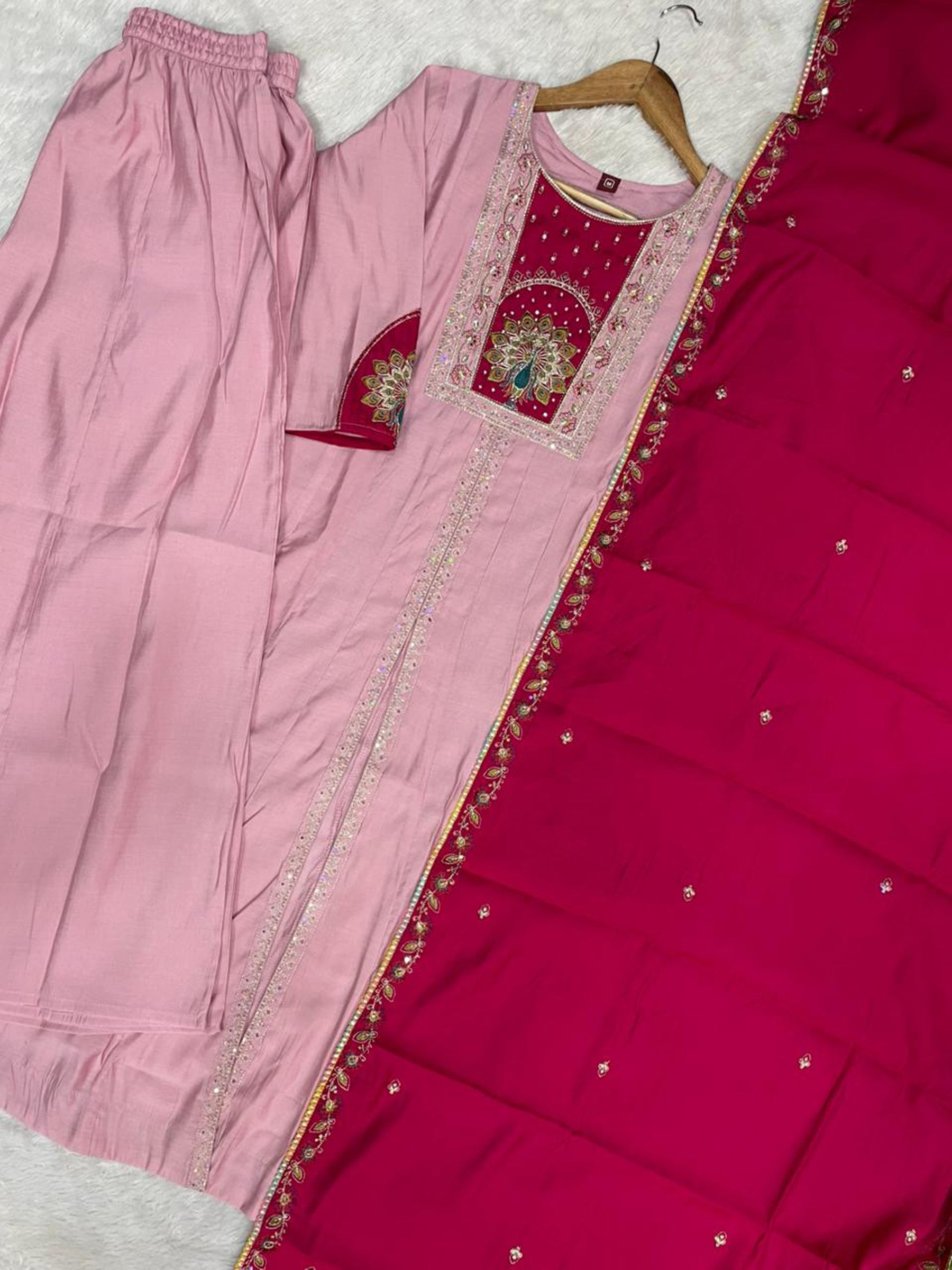 Lorenvalley Fashion Pink Roman Silk Multi Embroidery Thread With Beautiful Hand Work Kurta Palazzo Dupatta - Distacart