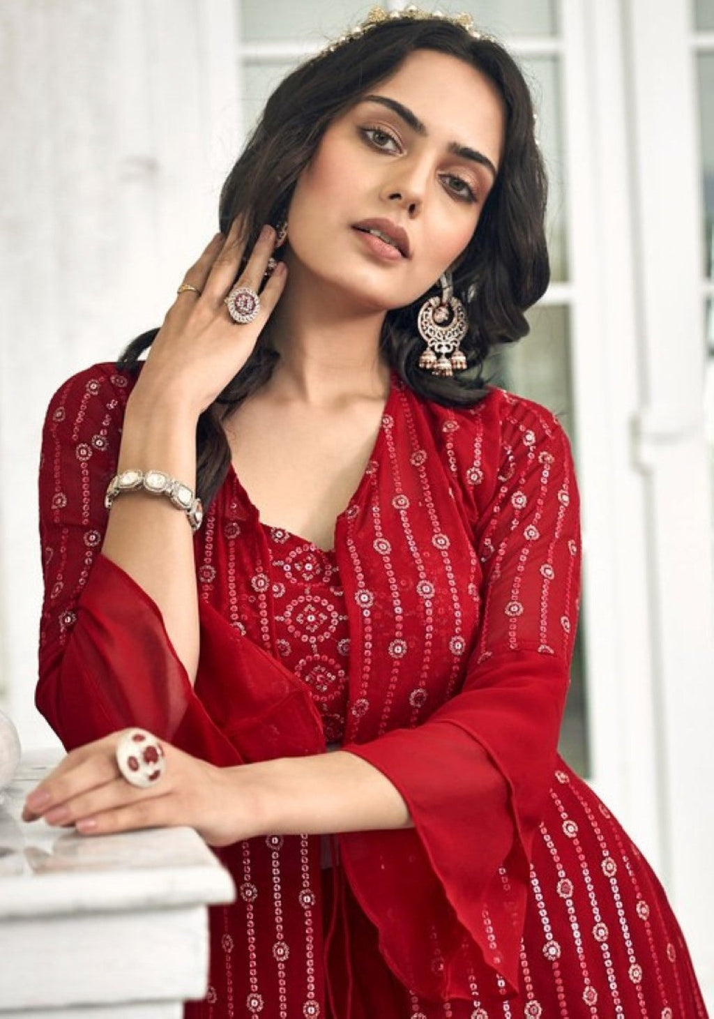 Anaita Red Georgette Stitched Shrug Suit With Sequence Thread Work - Distacart