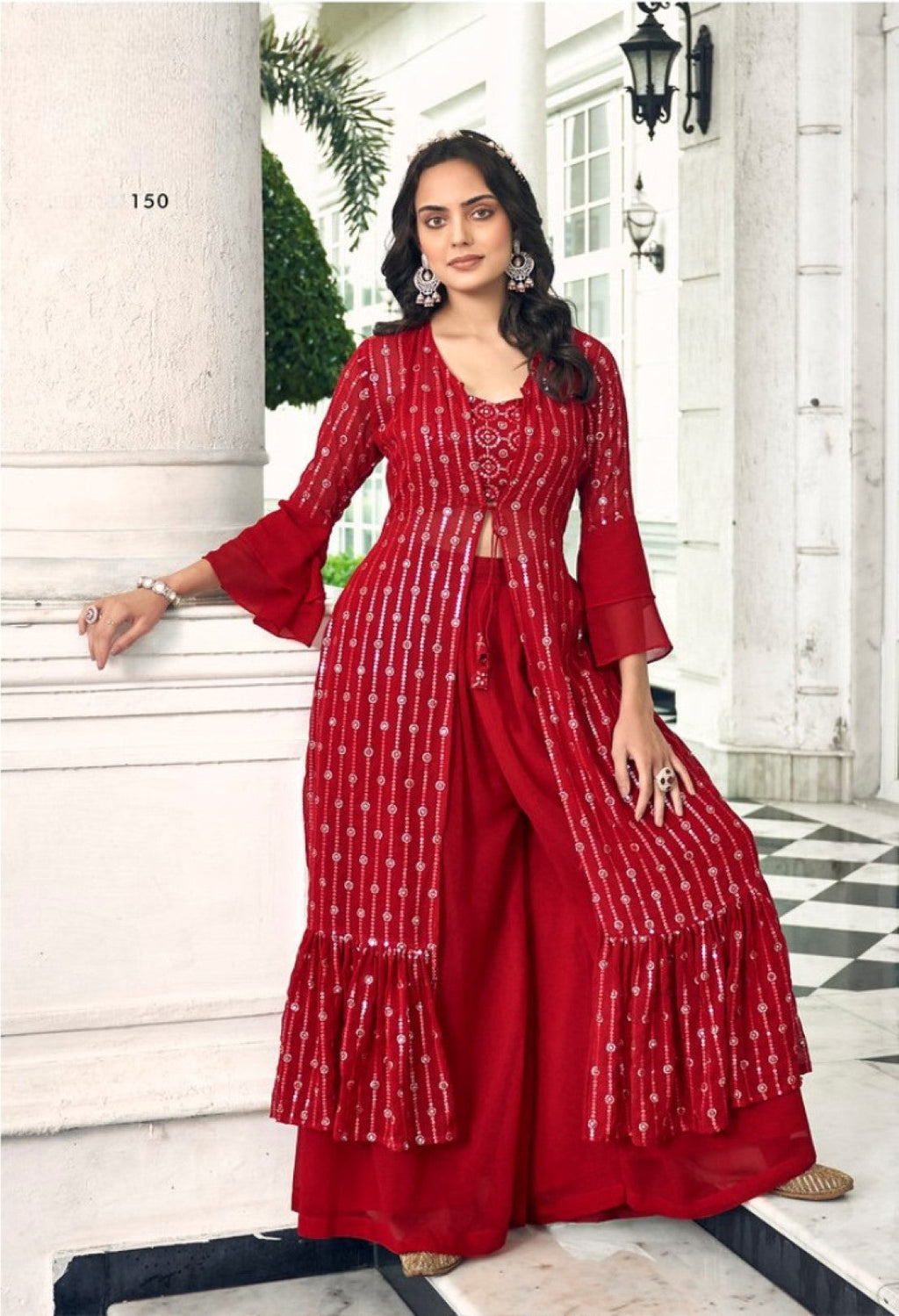 Anaita Red Georgette Stitched Shrug Suit With Sequence Thread Work - Distacart