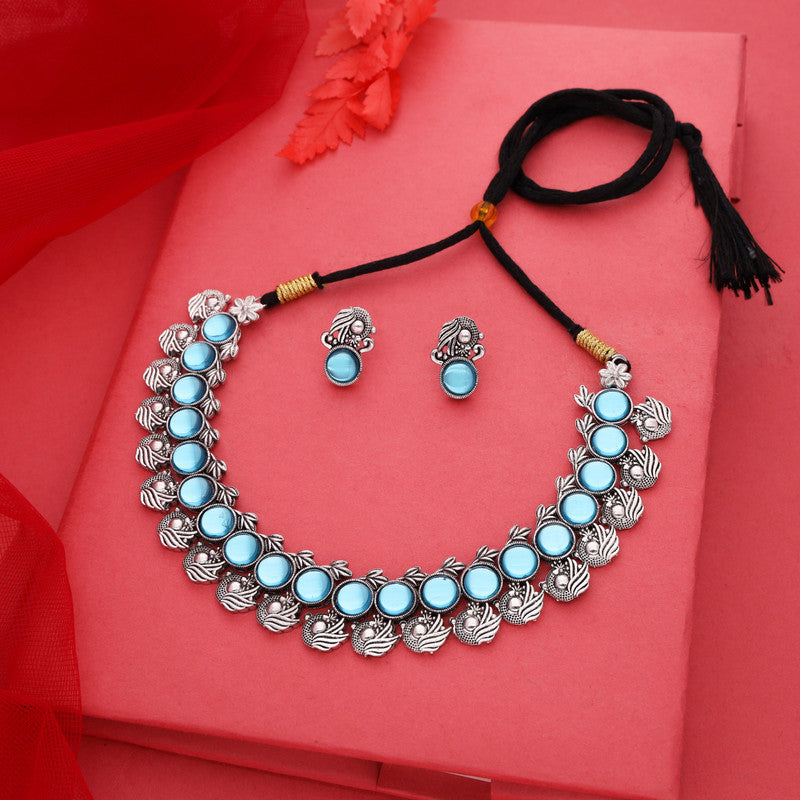Tehzeeb Creations Silver Plated Sky Blue Colour Stone Jewellery Choker Necklace Set With Matching Pair of Stud Earrings