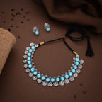 Tehzeeb Creations Silver Plated Sky Blue Colour Stone Jewellery Choker Necklace Set With Matching Pair of Stud Earrings