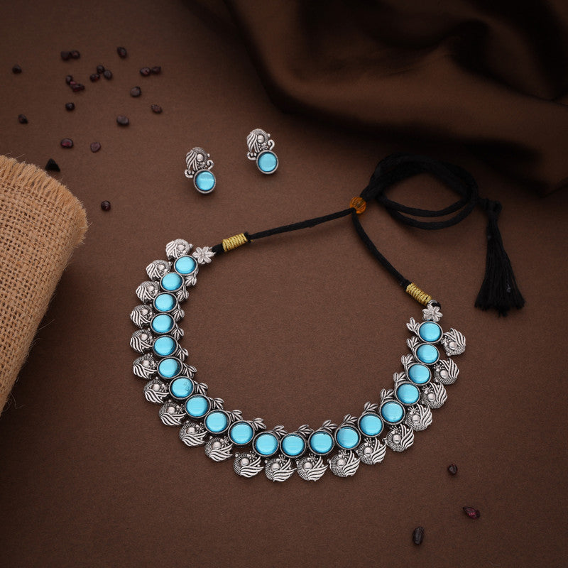 Tehzeeb Creations Silver Plated Sky Blue Colour Stone Jewellery Choker Necklace Set With Matching Pair of Stud Earrings