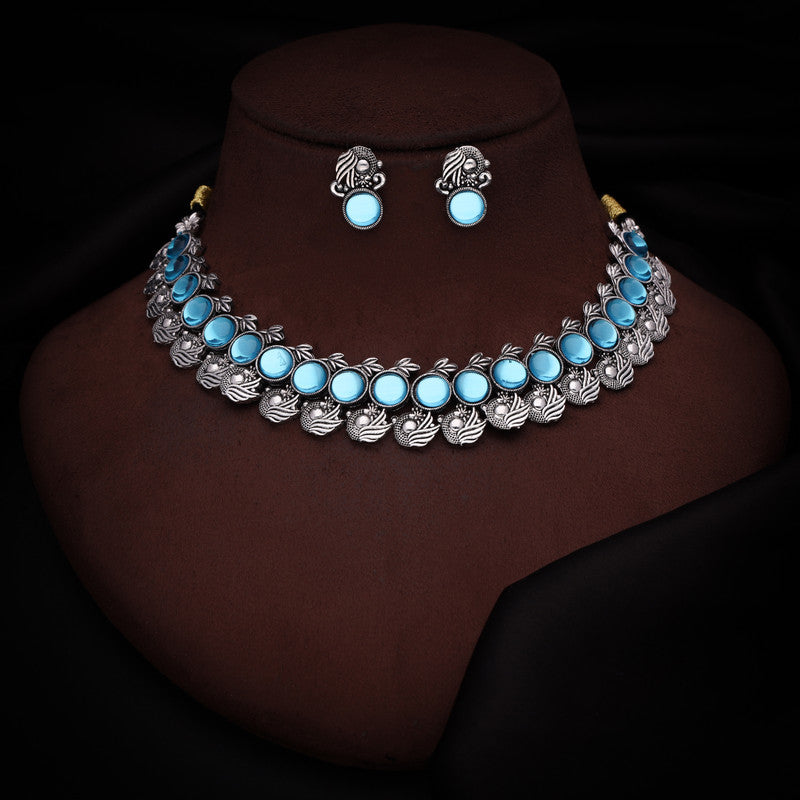 Tehzeeb Creations Silver Plated Sky Blue Colour Stone Jewellery Choker Necklace Set With Matching Pair of Stud Earrings