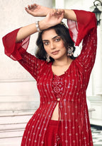 Anaita Red Georgette Stitched Shrug Suit With Sequence Thread Work - Distacart