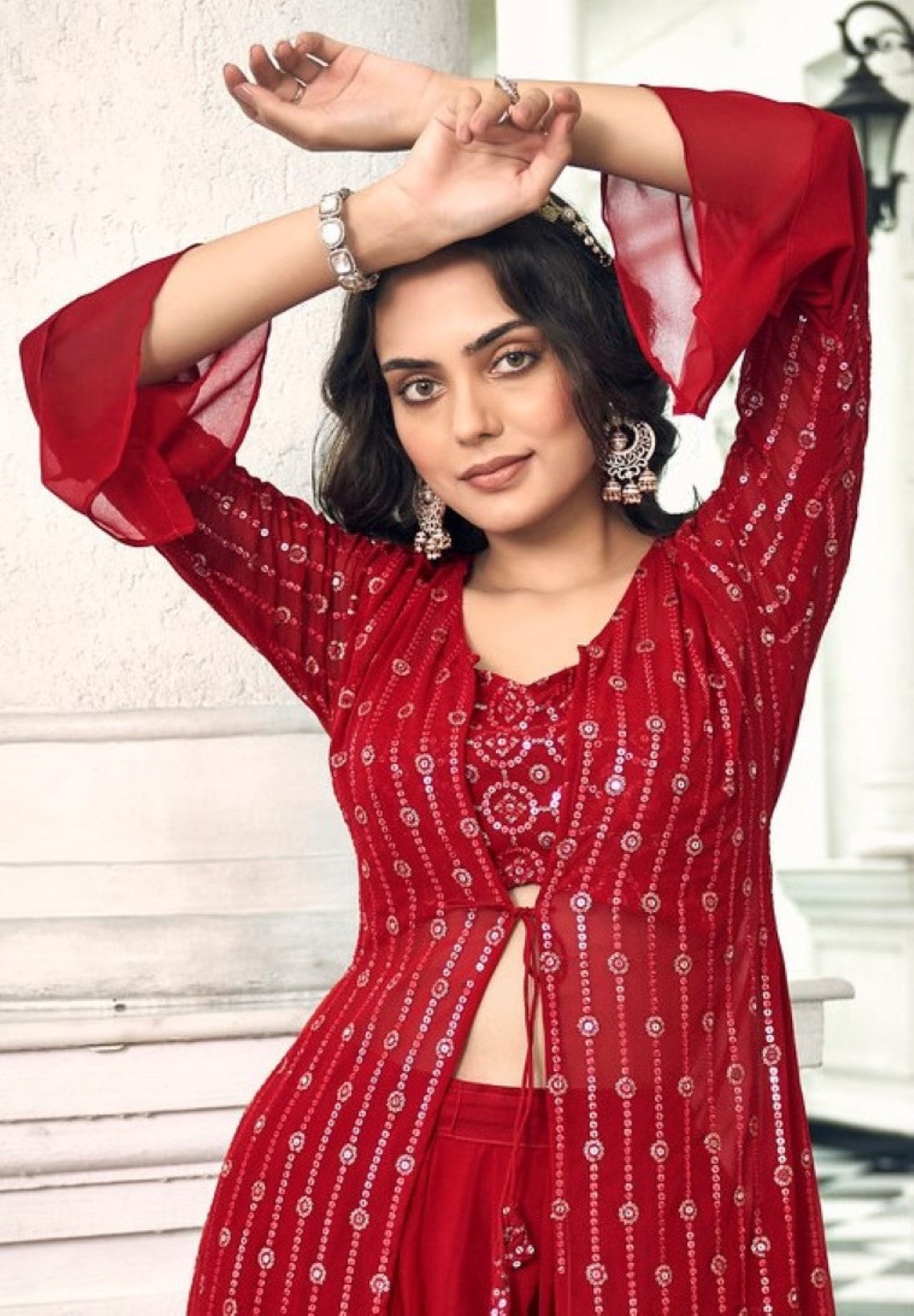 Anaita Red Georgette Stitched Shrug Suit With Sequence Thread Work - Distacart