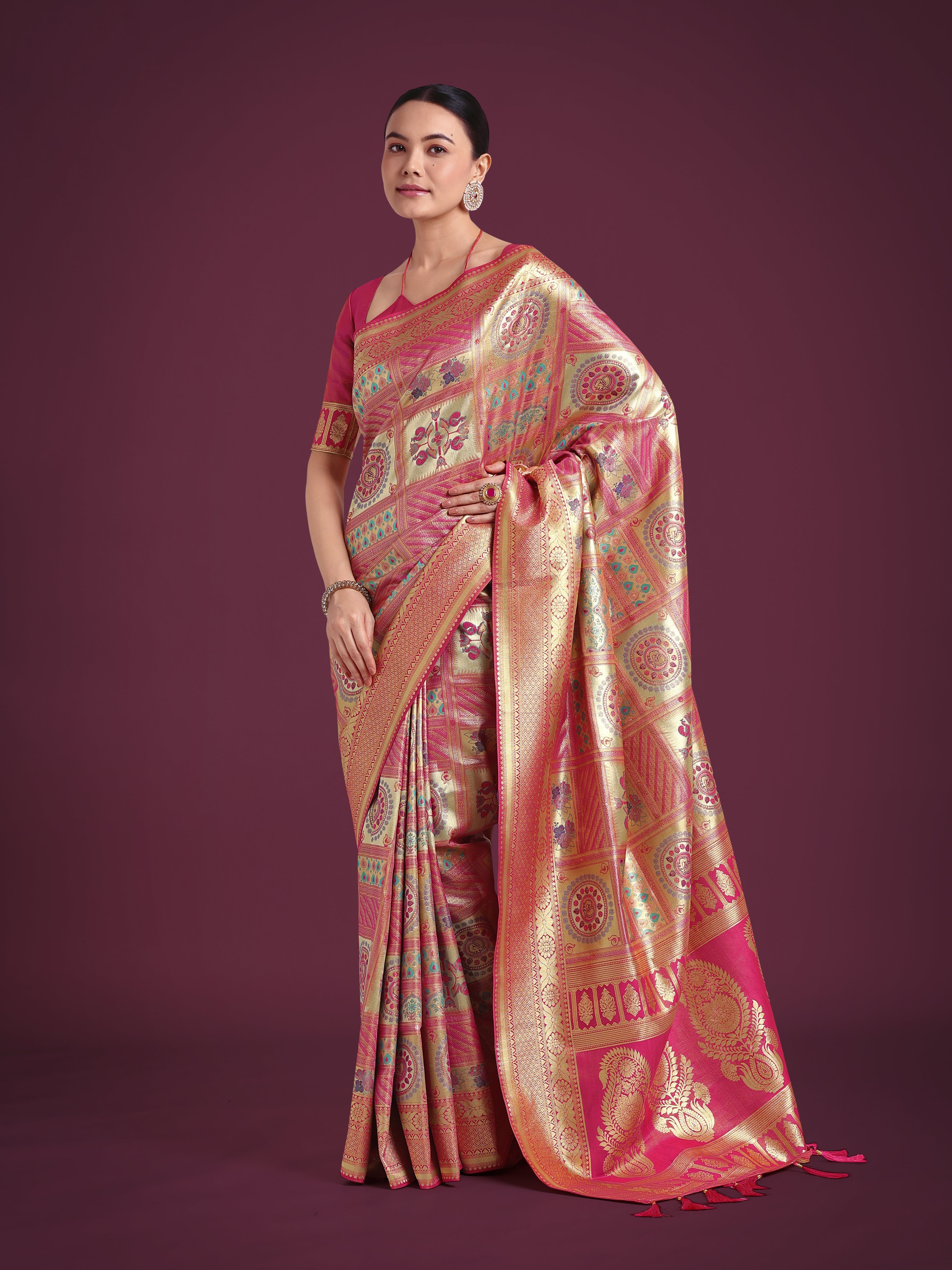 Monjolika Fashion Charming Rani Pink and Gold Soft Banarasi satin Silk Saree With Pretty Blouse Piece