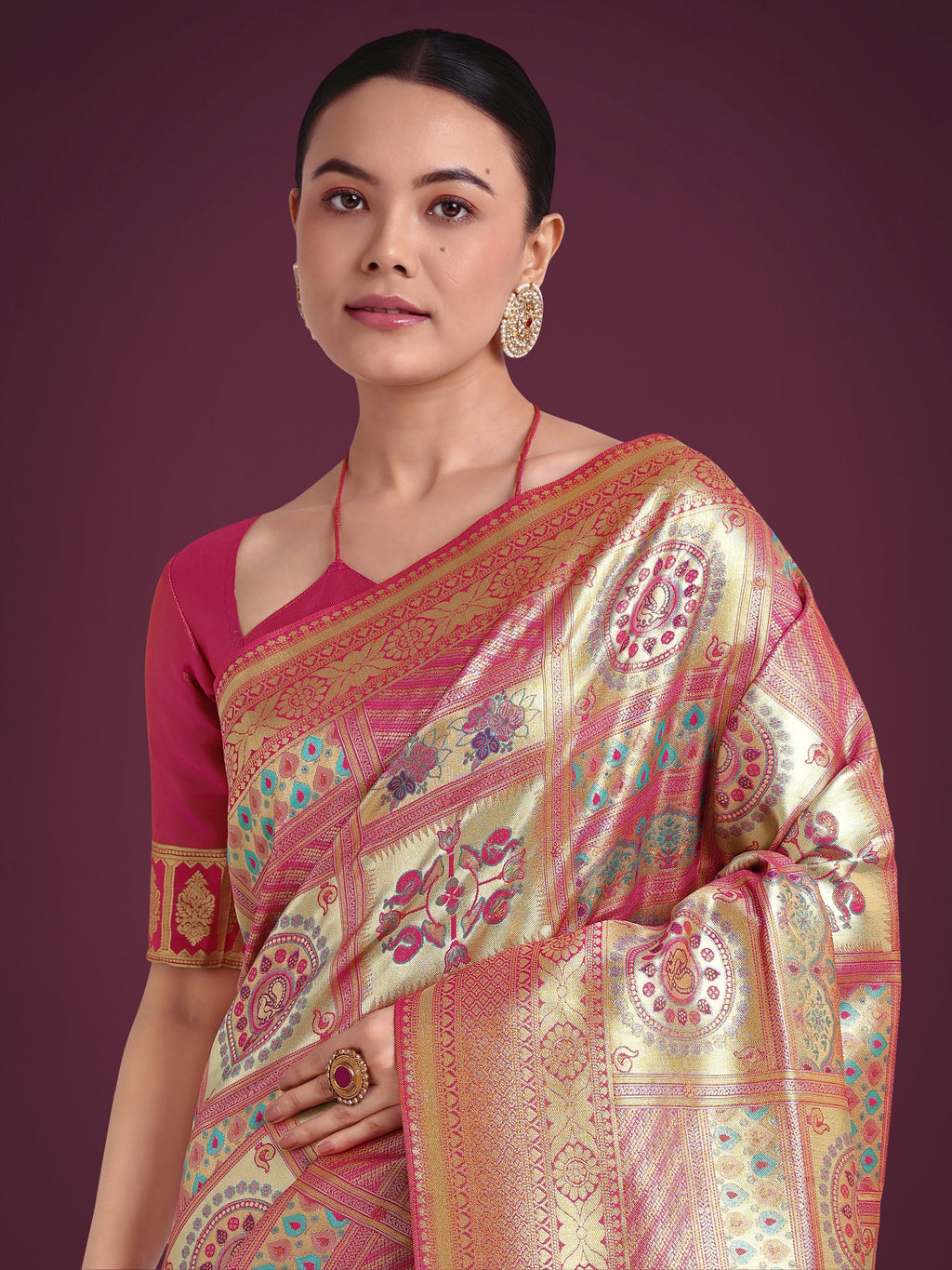 Monjolika Fashion Charming Rani Pink and Gold Soft Banarasi satin Silk Saree With Pretty Blouse Piece