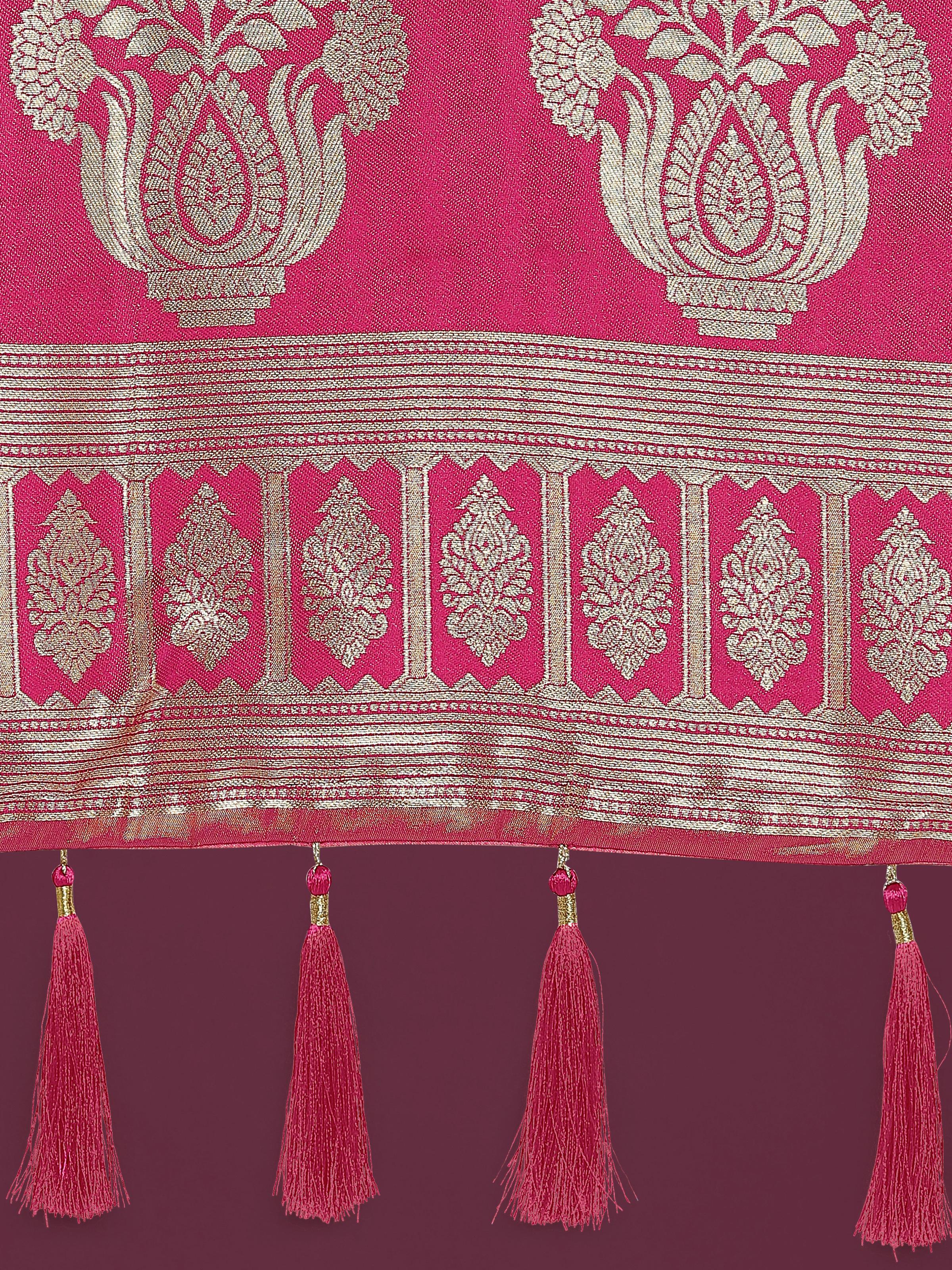 Monjolika Fashion Charming Rani Pink and Gold Soft Banarasi satin Silk Saree With Pretty Blouse Piece