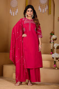 Lorenvalley Fashion Ranipink Viscose Mango Silk Multi Embroidery Thread with Hand Work Kurta Palazzo Dupatta - Distacart