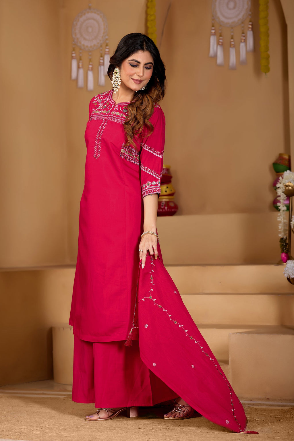 Lorenvalley Fashion Ranipink Viscose Mango Silk Multi Embroidery Thread with Hand Work Kurta Palazzo Dupatta - Distacart