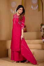 Lorenvalley Fashion Ranipink Viscose Mango Silk Multi Embroidery Thread with Hand Work Kurta Palazzo Dupatta - Distacart