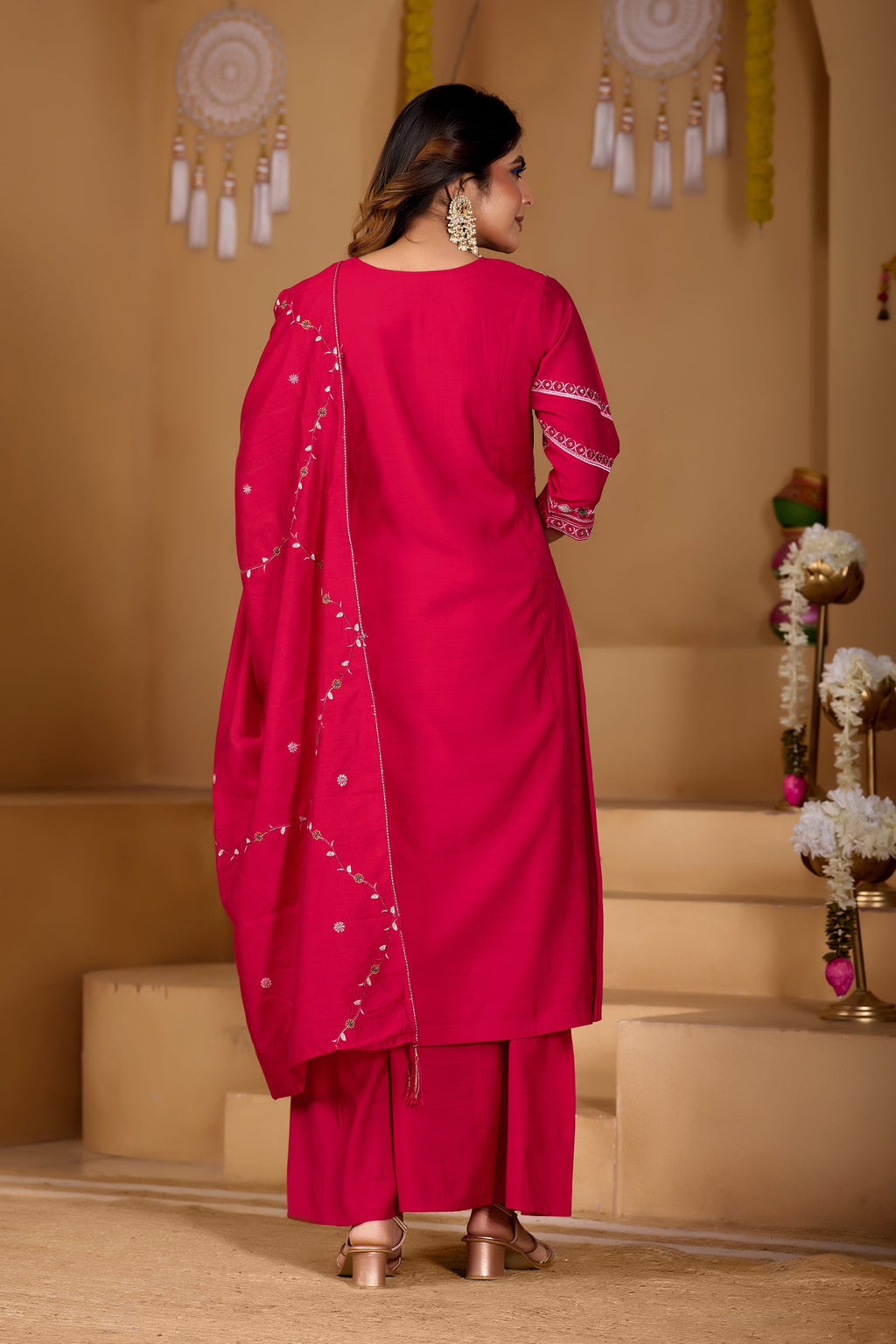 Lorenvalley Fashion Ranipink Viscose Mango Silk Multi Embroidery Thread with Hand Work Kurta Palazzo Dupatta - Distacart