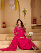 Lorenvalley Fashion Ranipink Viscose Mango Silk Multi Embroidery Thread with Hand Work Kurta Palazzo Dupatta - Distacart