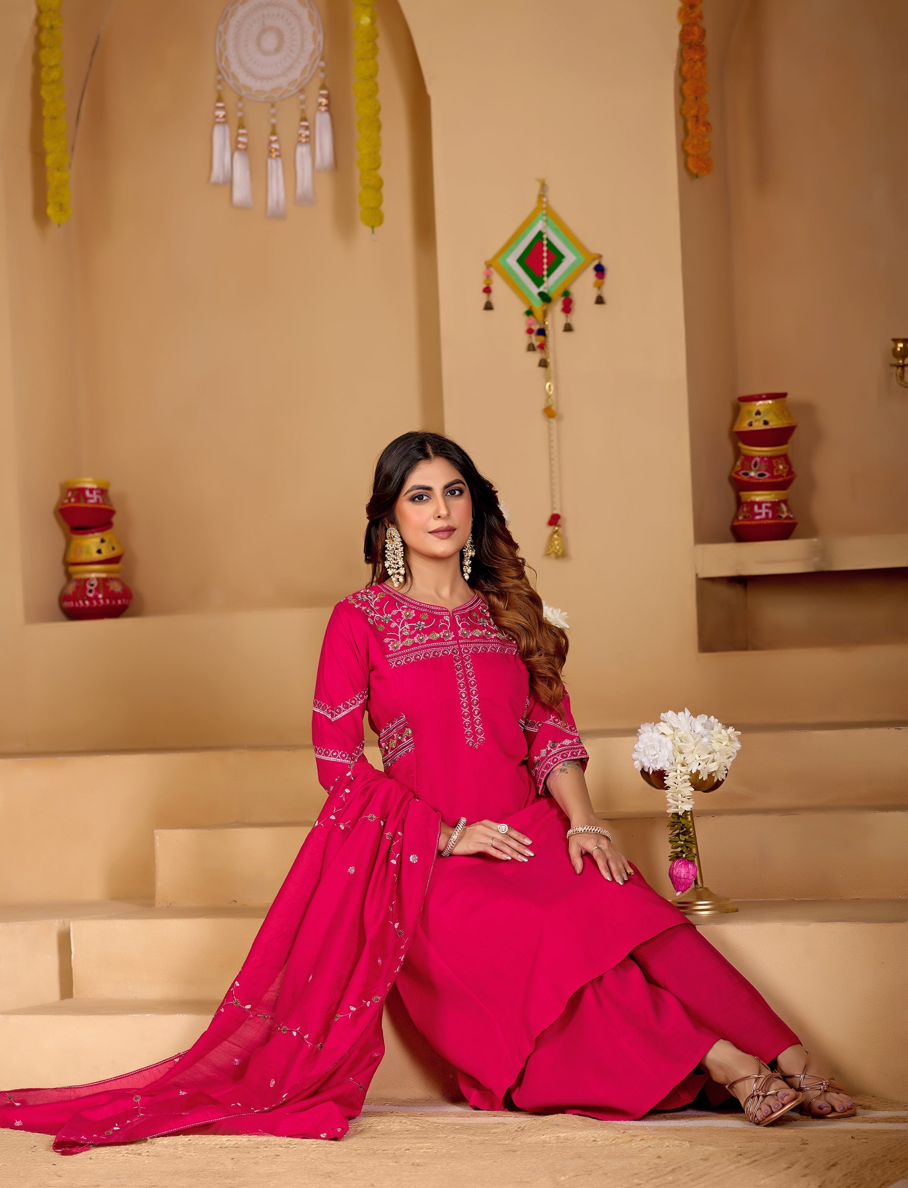 Lorenvalley Fashion Ranipink Viscose Mango Silk Multi Embroidery Thread with Hand Work Kurta Palazzo Dupatta - Distacart