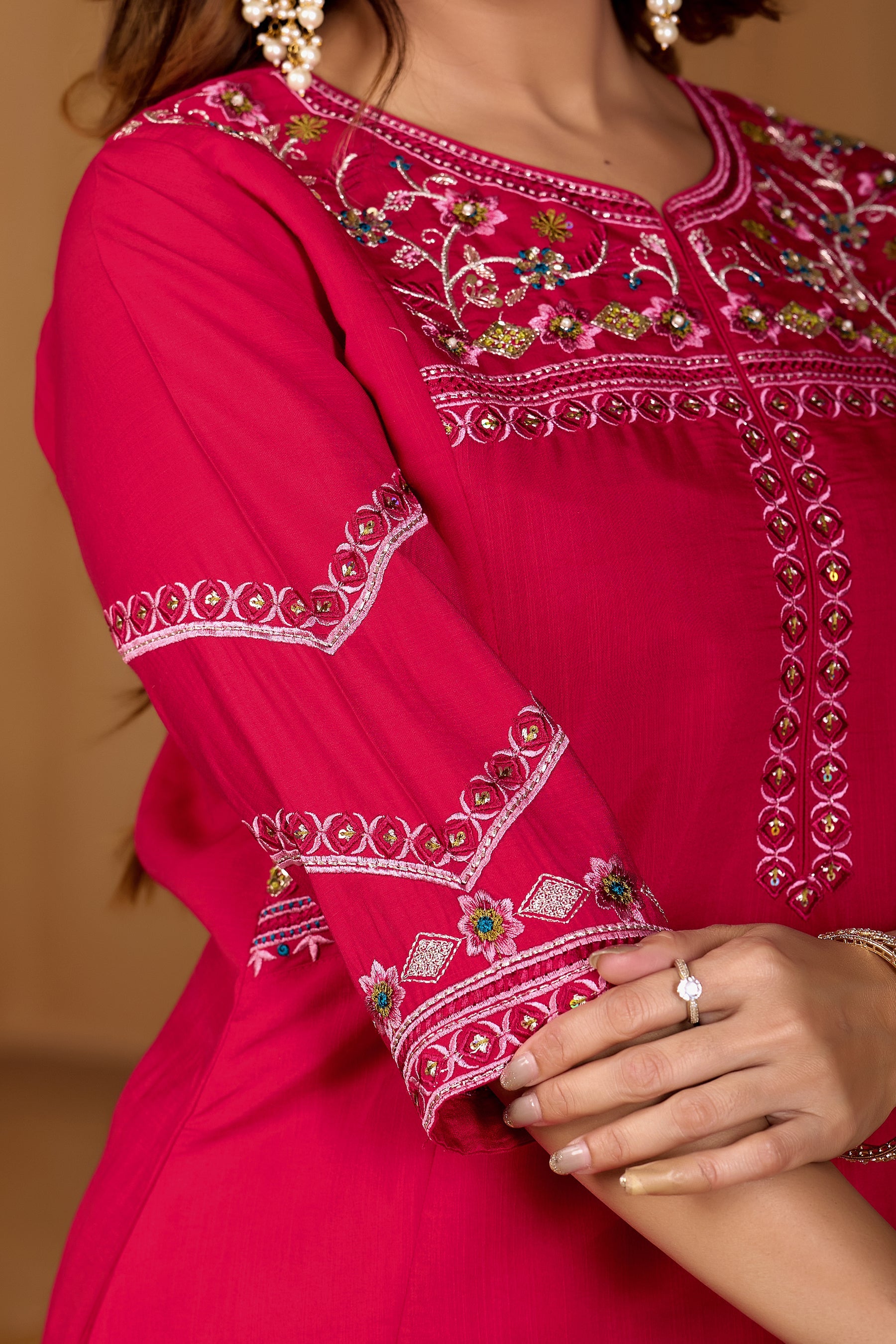 Lorenvalley Fashion Ranipink Viscose Mango Silk Multi Embroidery Thread with Hand Work Kurta Palazzo Dupatta - Distacart