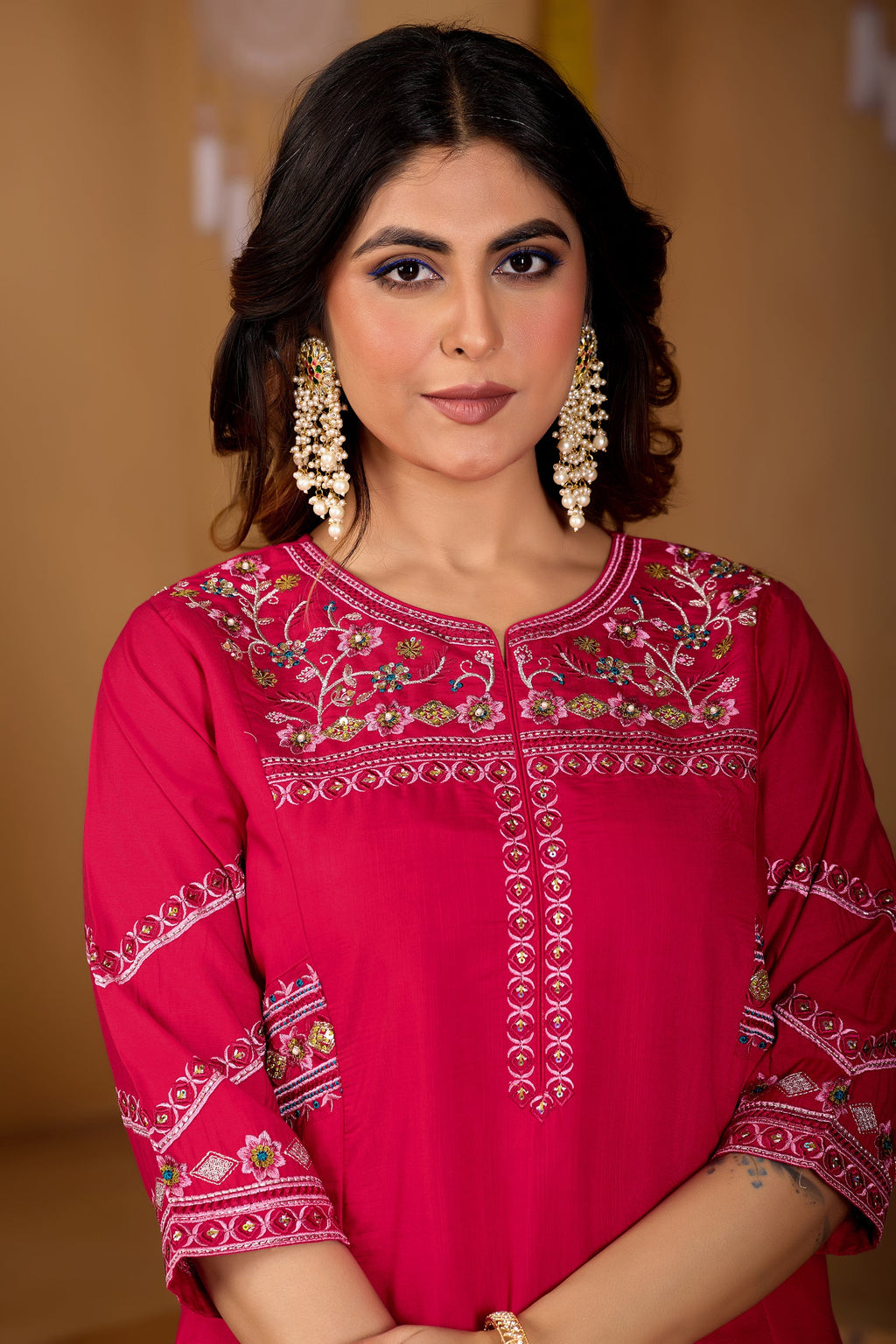 Lorenvalley Fashion Ranipink Viscose Mango Silk Multi Embroidery Thread with Hand Work Kurta Palazzo Dupatta - Distacart