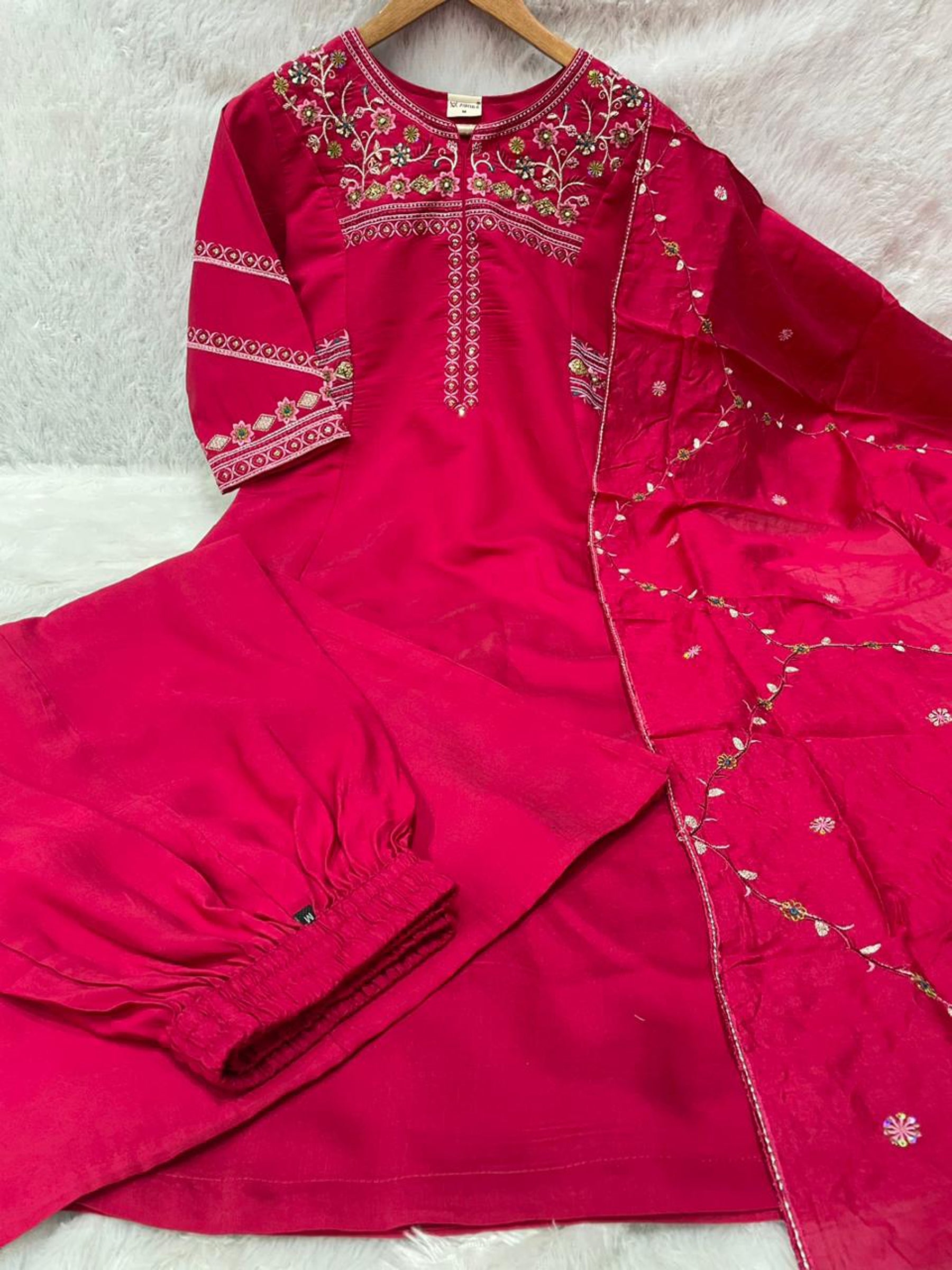 Lorenvalley Fashion Ranipink Viscose Mango Silk Multi Embroidery Thread with Hand Work Kurta Palazzo Dupatta - Distacart
